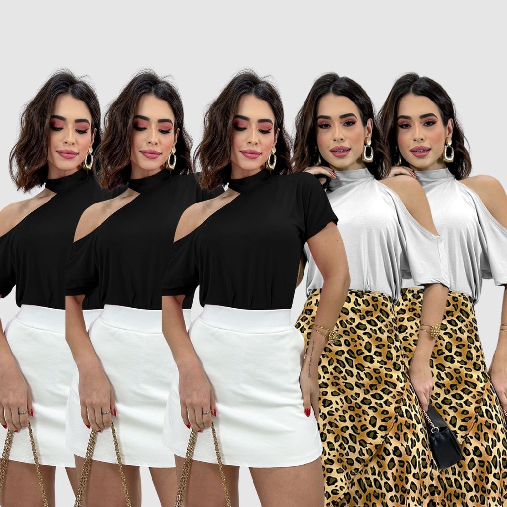 Kit 5 Blusa Feminina Viscolycra Manga Curta Soltinha Golinha Choker Casual