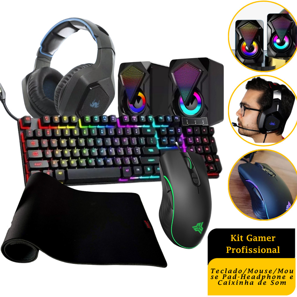 Kit Teclado e Mouse Gamer Profissional Com Fio RGB + Caixa de Som Pc RGB + Headphone e Mouse Pad Premium