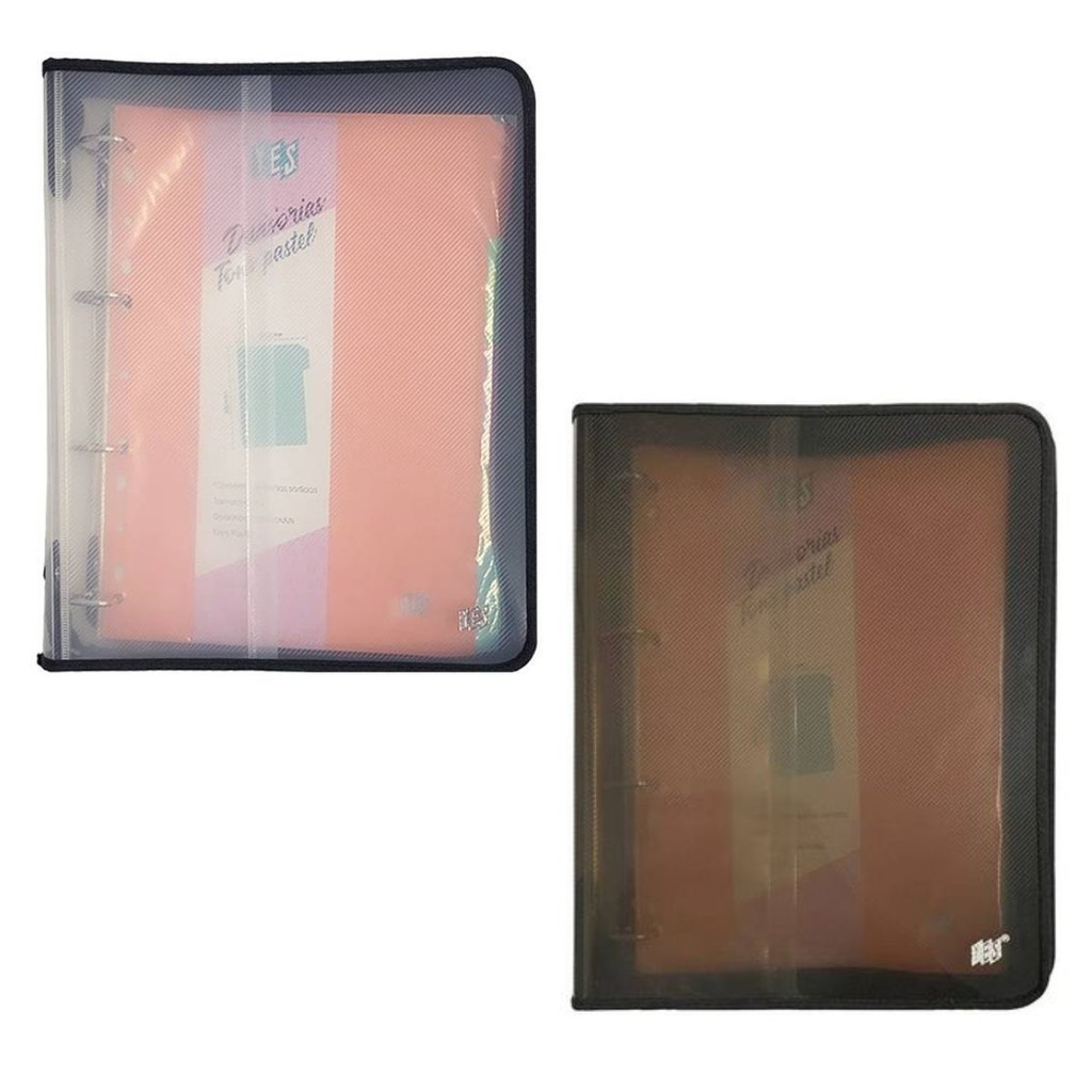 Fichário 4 Argolas com Zíper Universal A4 YES com Bloco 96 Folhas 5 Divisórias Planner Fumê Cristal