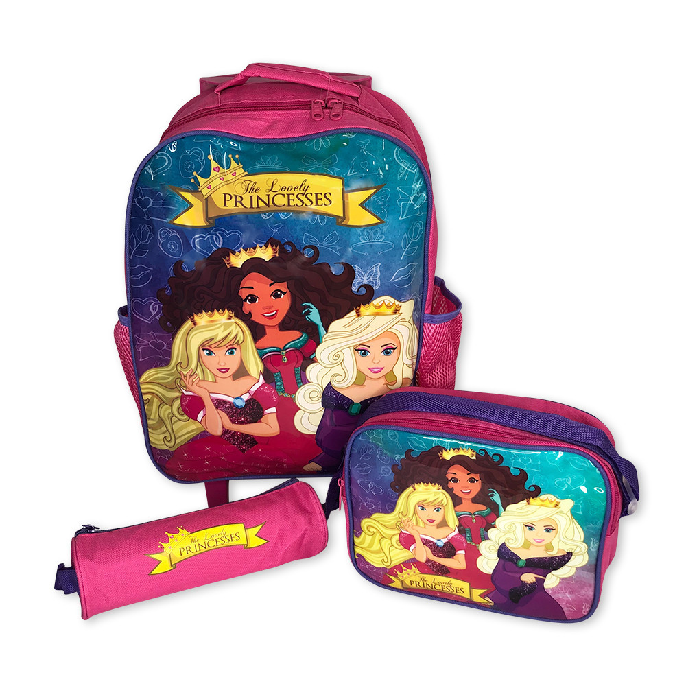 Kit Mochila Escolar Infantil Princesas Com Rodinhas Lancheira Térmica E Estojo 3 Peças