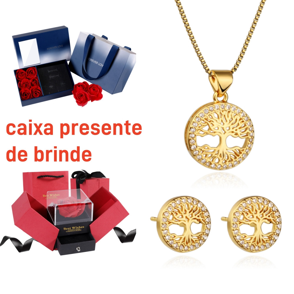 Kit Colar Brincos Feminino Arvore Da Vida Folheado a Our 18k Conjunto Caixa De Presente Para Es em Oferta na Shopee