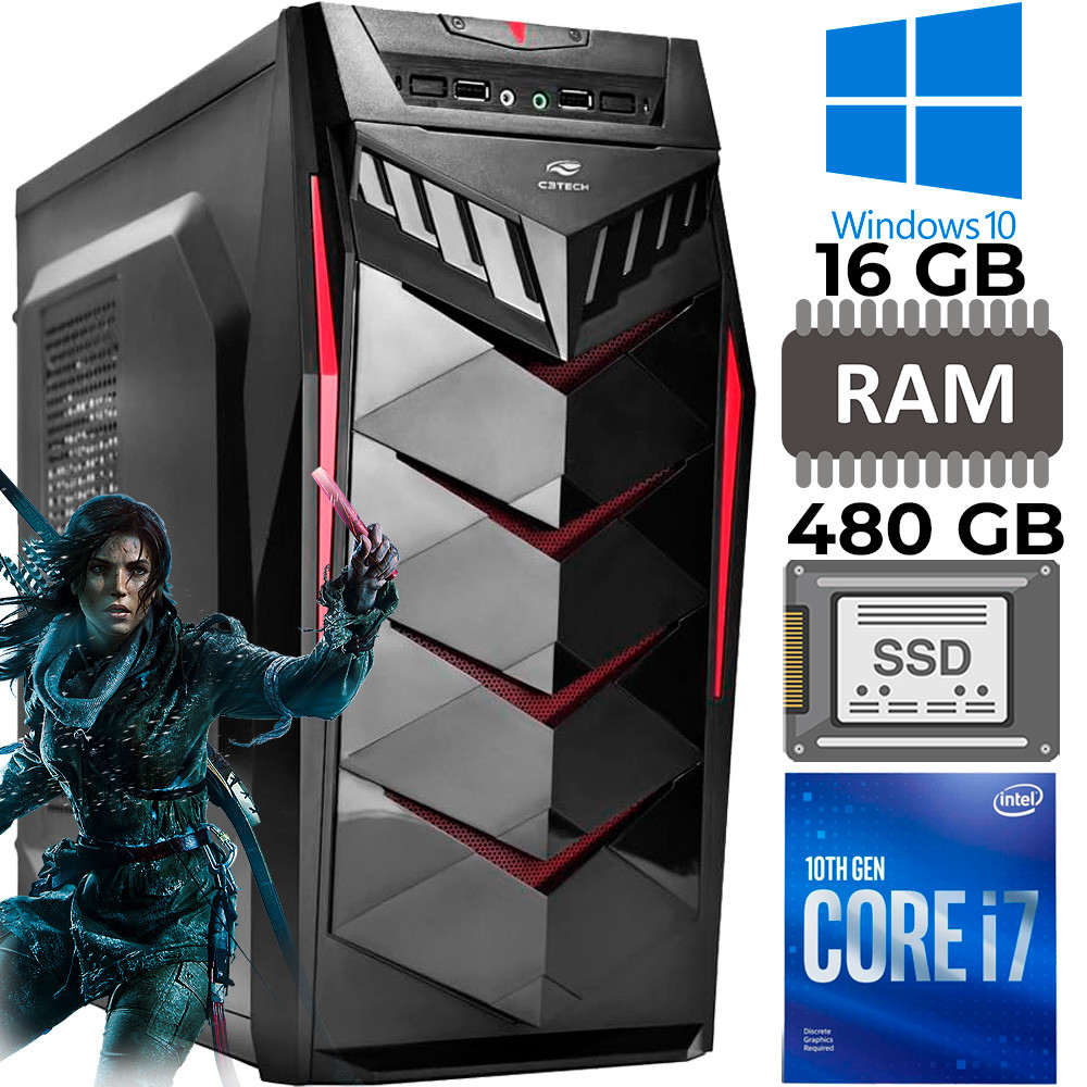 Computador Gamer Core i7-10700, HD SSD 480GB, Memória RAM 16GB DDR4, Placa de Ví