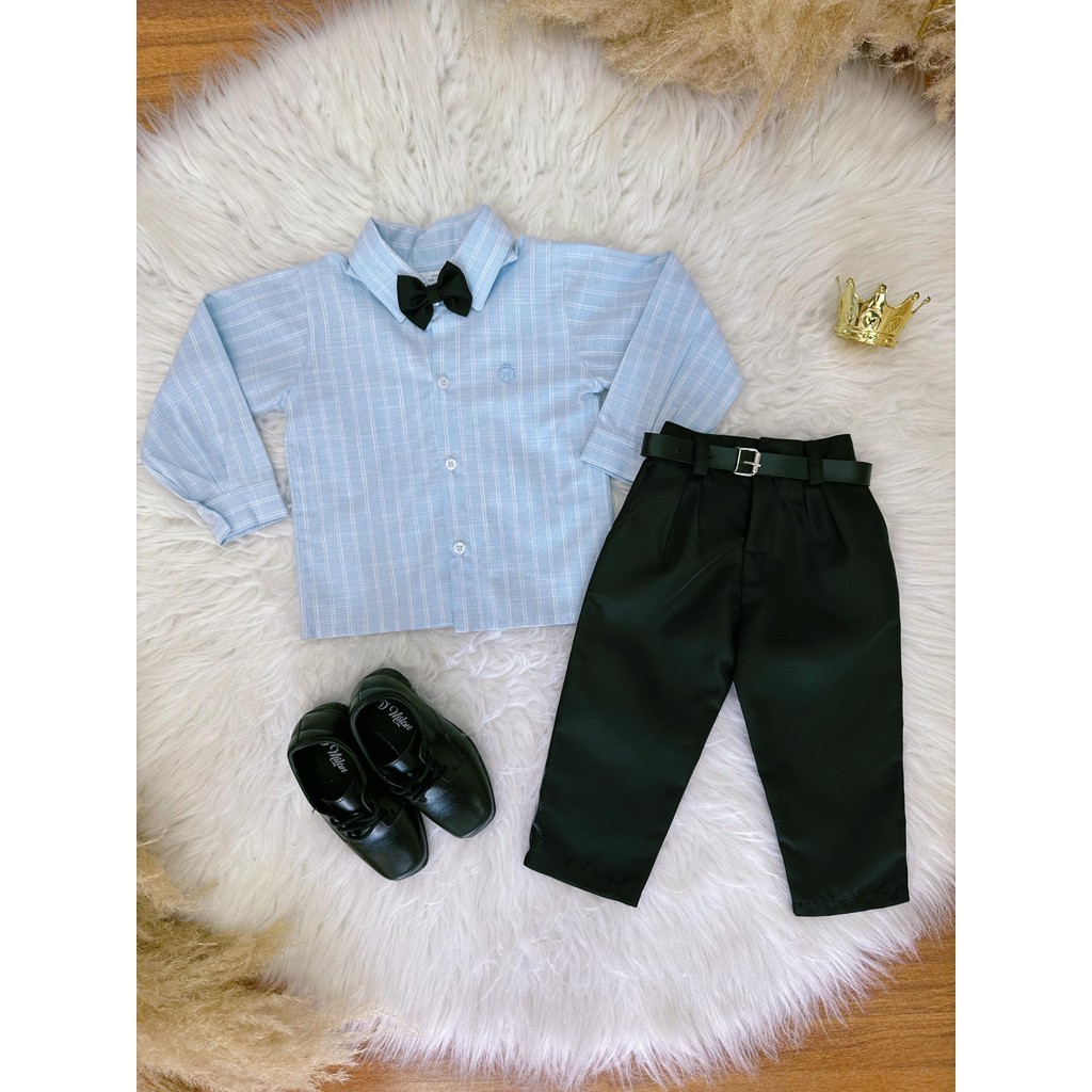 Conjunto Infantil Camisa Listrada Azul e Calça Preta Cintto