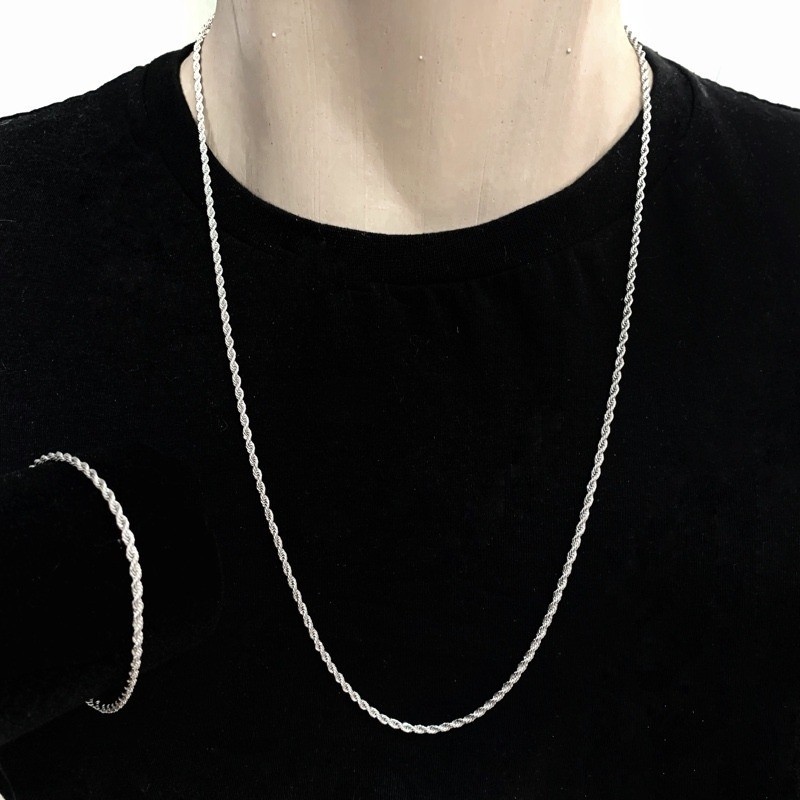 Corrente Trançado Baiano Fino 3mm Aço Inox Prata + Pulseira