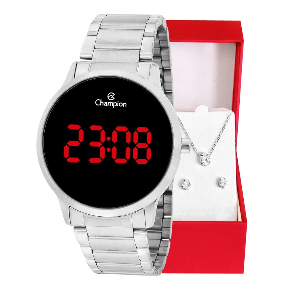 Relógio de Pulso Feminino Champion Digital Led Prata CH40142T Colar e Brincos em Oferta na Shopee