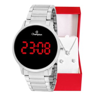 Relógio de Pulso Feminino Champion Digital Led Prata CH40142T Colar e Brincos em Oferta na Shopee