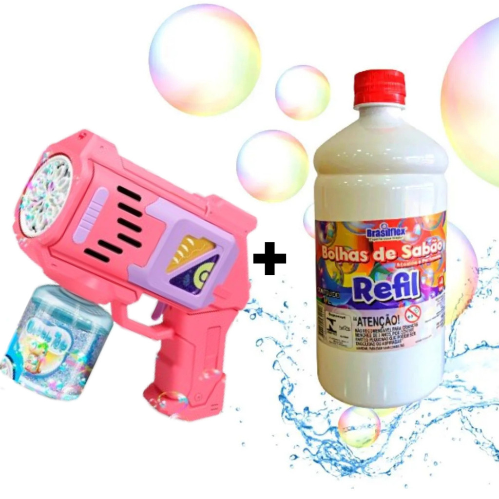 Kit Pistola Arminha Bolha de Sabão com LED + Líquido Refil Bolha de Sabão 1 Litro - ENVIO IMEDIATO