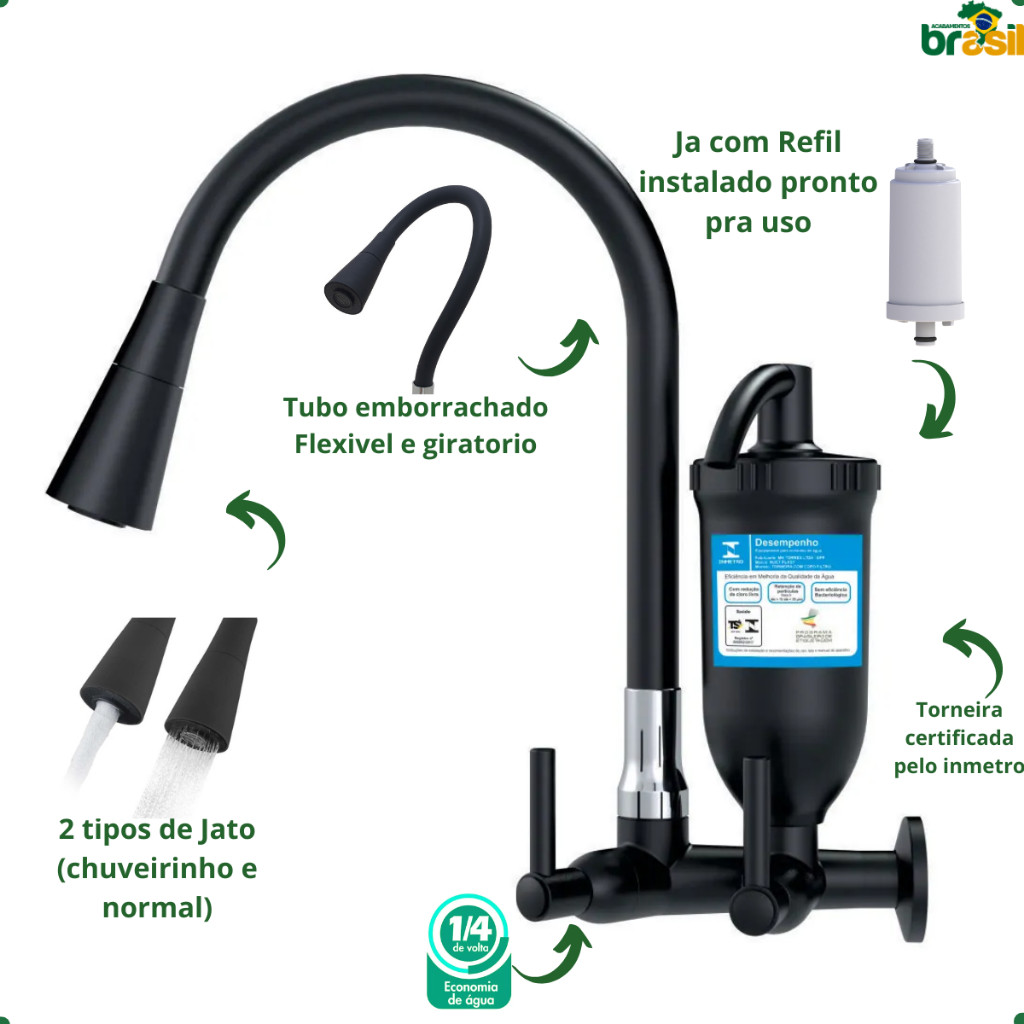 filtro preto cozinha Torneira parede preto com refil filtrante torneira filtro preta cozinha preta