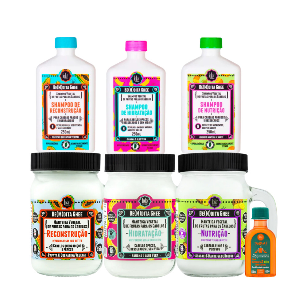 Kit Lola Cronograma Bemdita Ghee 3x Sh + 3x Masc 350ml + Pinga! Óleo Cenoura e Oliva 50ml