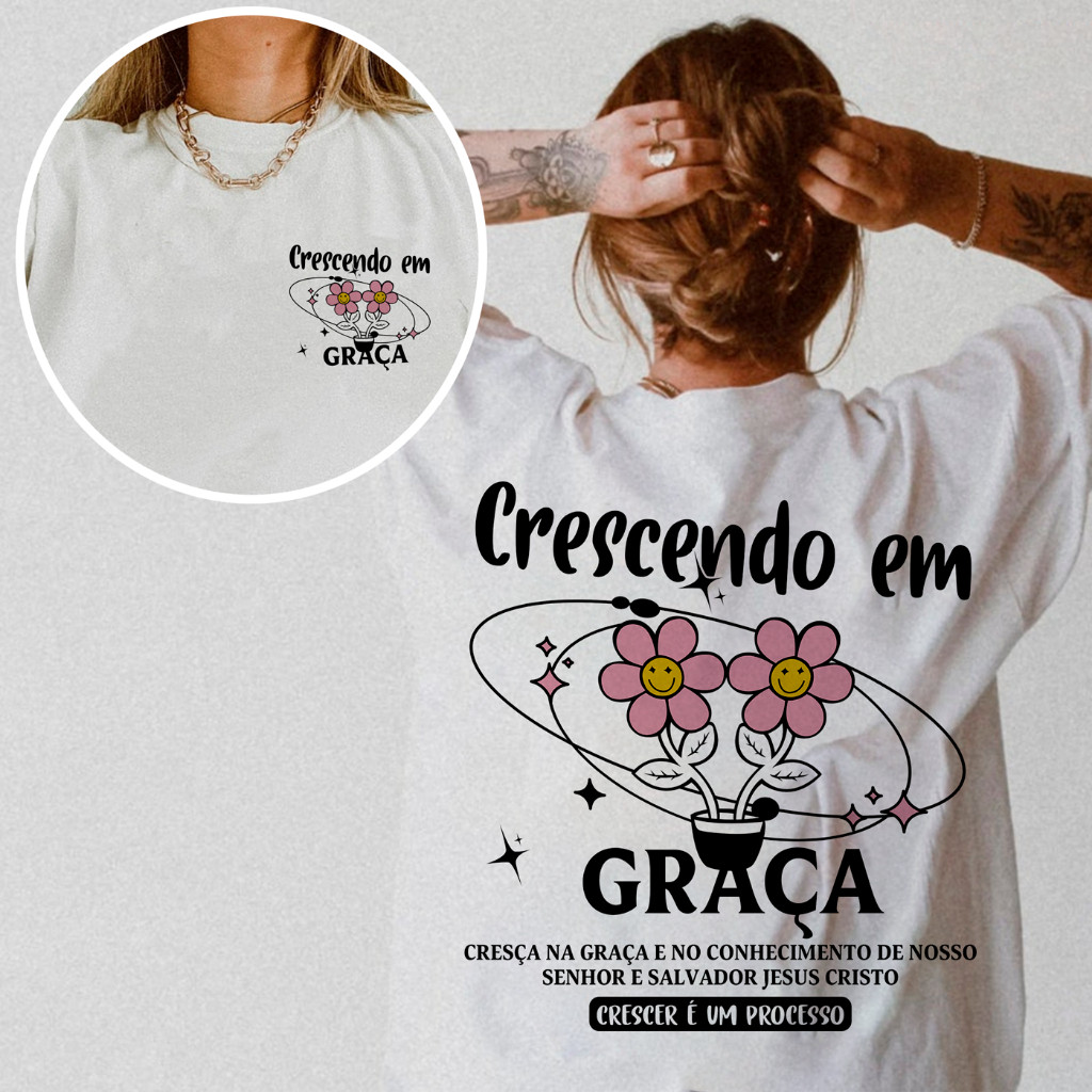 [Camiseta Premium em Algodão Puro]SISI Camiseta Unissex Algodão Gospel Cristã Crescendo Em Graça blusa plus size em Oferta na Shopee