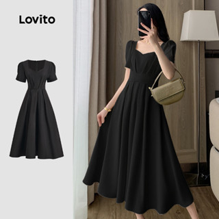 Lovito Vestido elegante e liso com cinto para mulheres LBL23895 em Oferta na Shopee