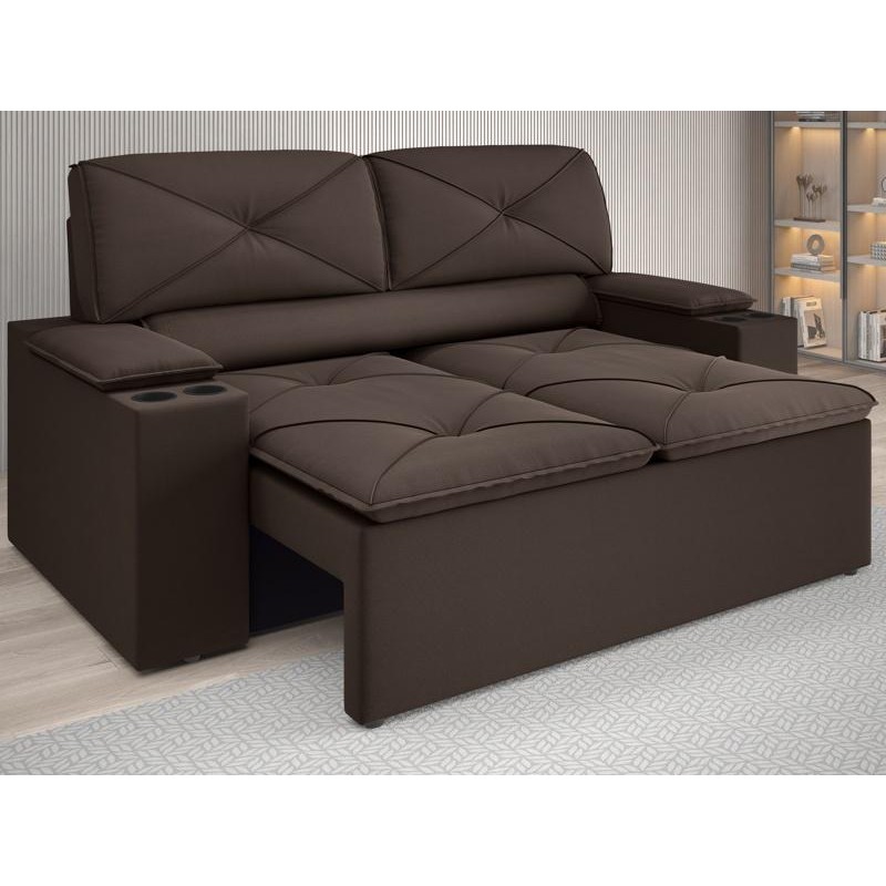 Sofá com Porta Copos Retrátil e Reclinável Pop 1,54m Velosuede Chocolate - NETSOFAS