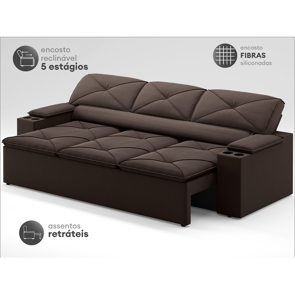 Sofá com Porta Copos Retrátil e Reclinável Pop 2,05m Velosuede Chocolate - NETSOFAS · foto 2