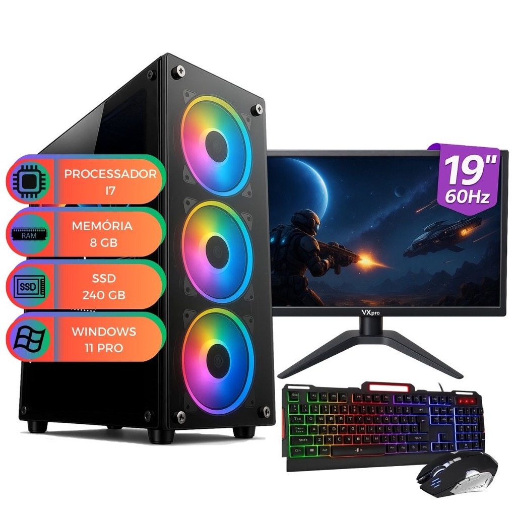 Computador Pc Up Starter Completo Intel I7 Memória 8 GB SSD 240 GB Kit Gamer Teclado e Mouse Monitor 19" Polegadas