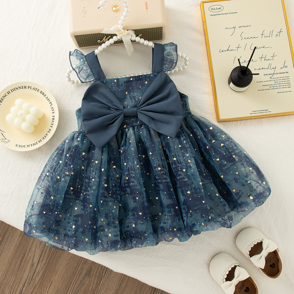 Vestido Azul Marinho Para Meninas , Tutu Com Laço Grande , Lantejoulas , Chiffon De Princesa Crianças