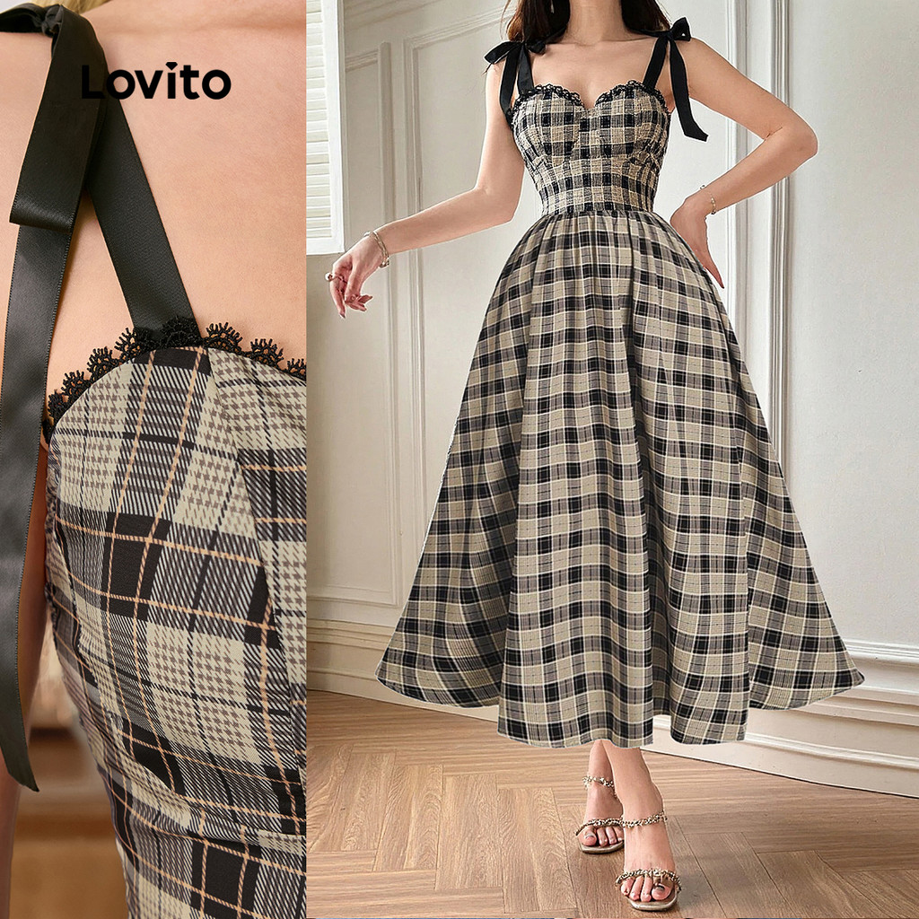 Lovito Vestido Casual xadrez com cadarço e estrutura para mulheres LBL24101 - Women Clothes