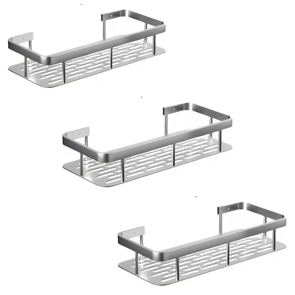 Kit 3 Suportes de Banheiro Alumínio Adesivo de Parede Porta Shampoo Prateleira Sem Furo