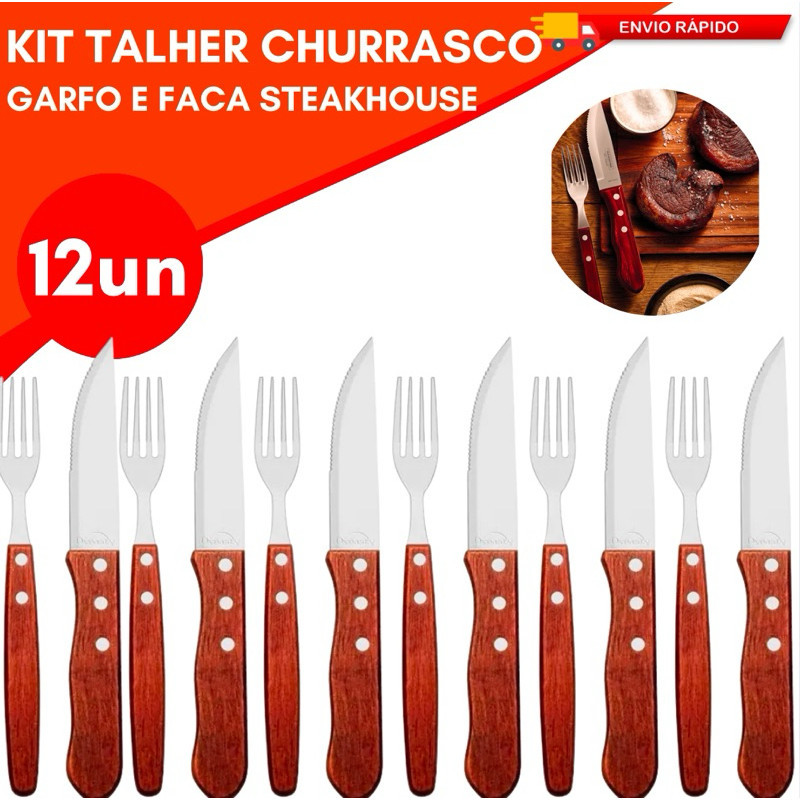 Jogo de Talher Churrasco 12 Unidades Steakhouse Cabo Madeira Maciça Lamina Aço Inox Premium