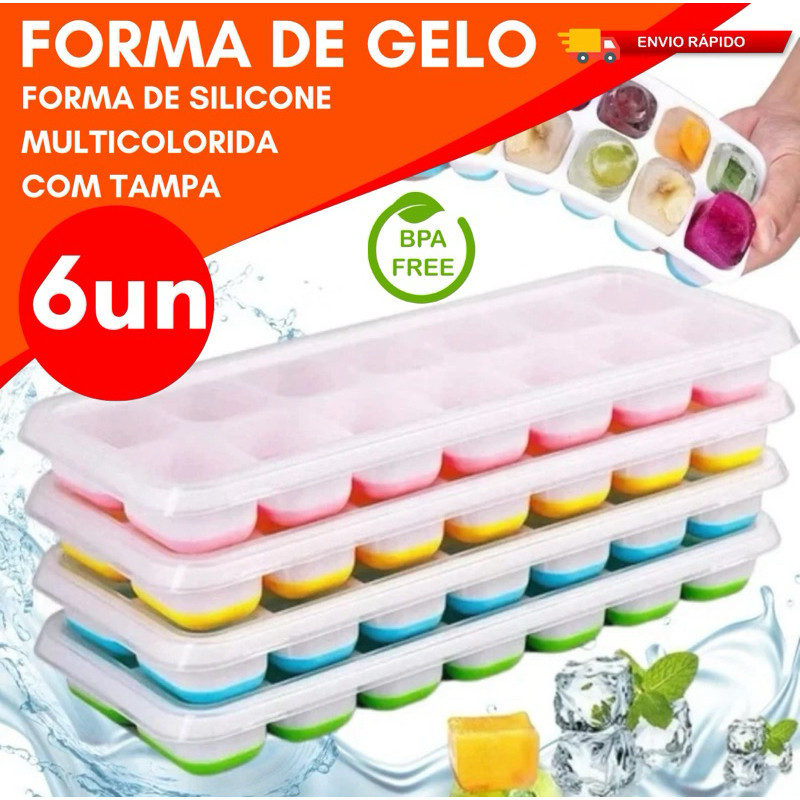 Kit 6 4 ou 2 Forma Forminha de Gelo Papinha com Tampa Fundo em Silicone Flexível Gelo Higiênica Empilhável