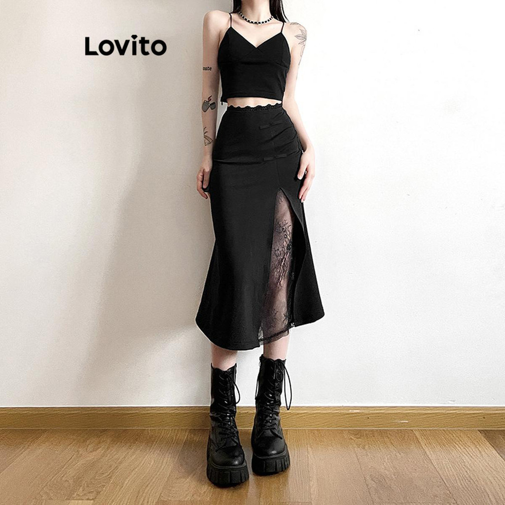 Lovito Saias Sexy Com Renda Frontal Dividida, Saias De Verão/Primavera Para Mulheres LNE75513 - Women Clothes