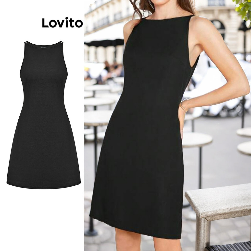 Lovito Vestido Elegante Vestido Básico Liso Para Mulheres L68ED233 (Preto) em Oferta na Shopee