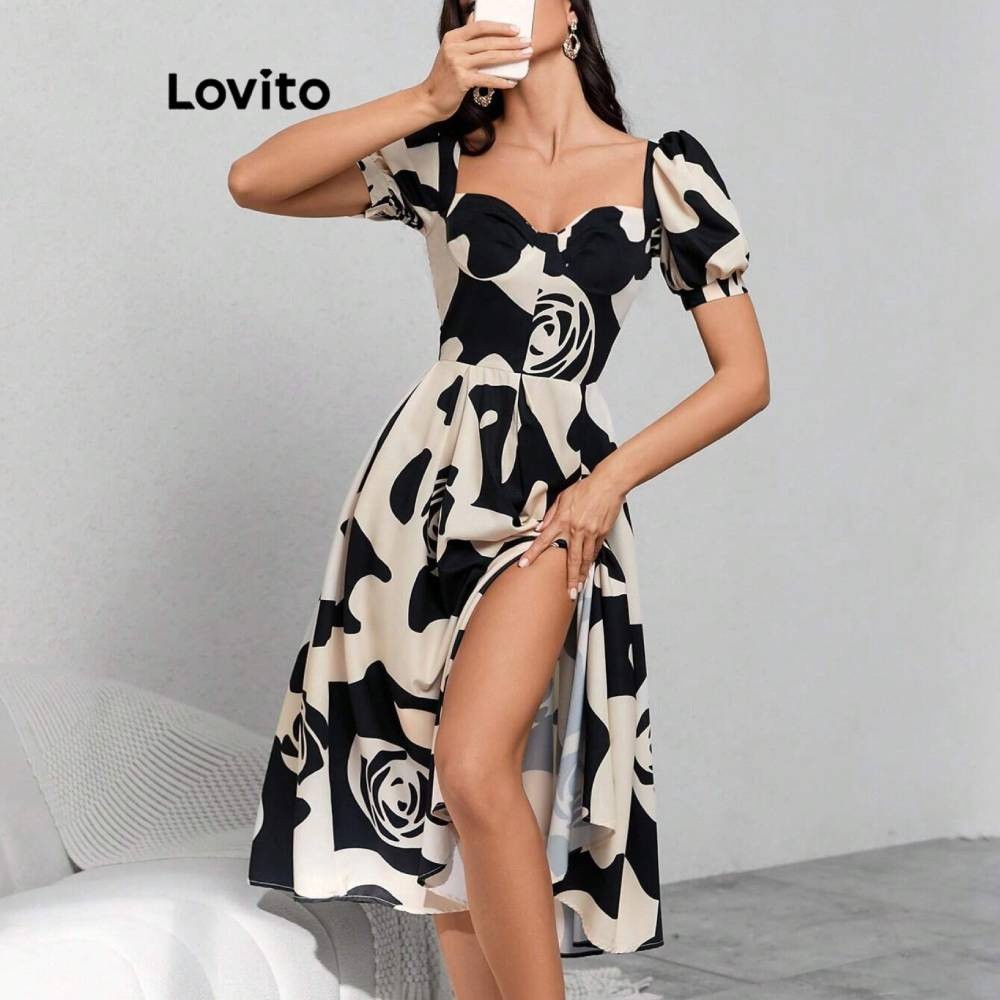 Lovito Vestido Boho Estrutura Geométrica Linha Tecido Costura Vestido Manga Puff Para Mulheres LBL07099 - Women Clothes