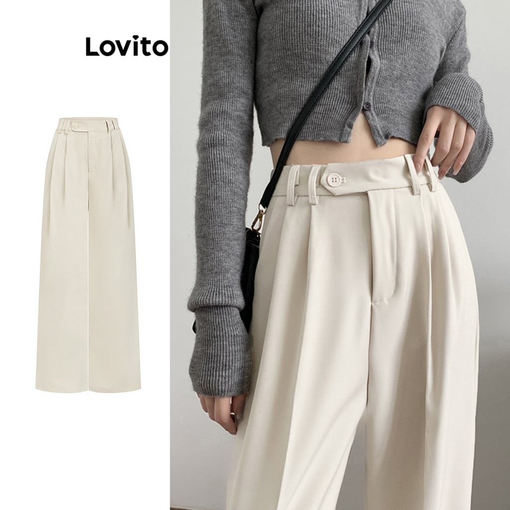 Lovito Calça Casual Com Botão Liso E Zíper Calça Básica Para Mulheres L100MD418 - Women Clothes