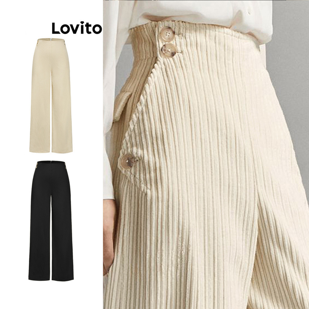 Lovito Calça Casual Calça Lisa Com Botões Para Mulheres L70AD044 (Multicolorido) - Women Clothes