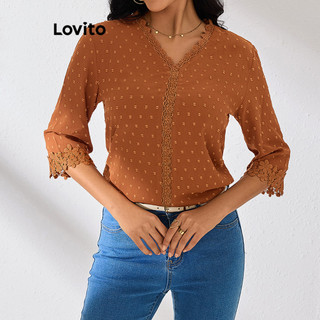 Lovito Blusa Boho Plainplain com babados e decote jacquard para mulheres LBL17534 em Oferta na Shopee