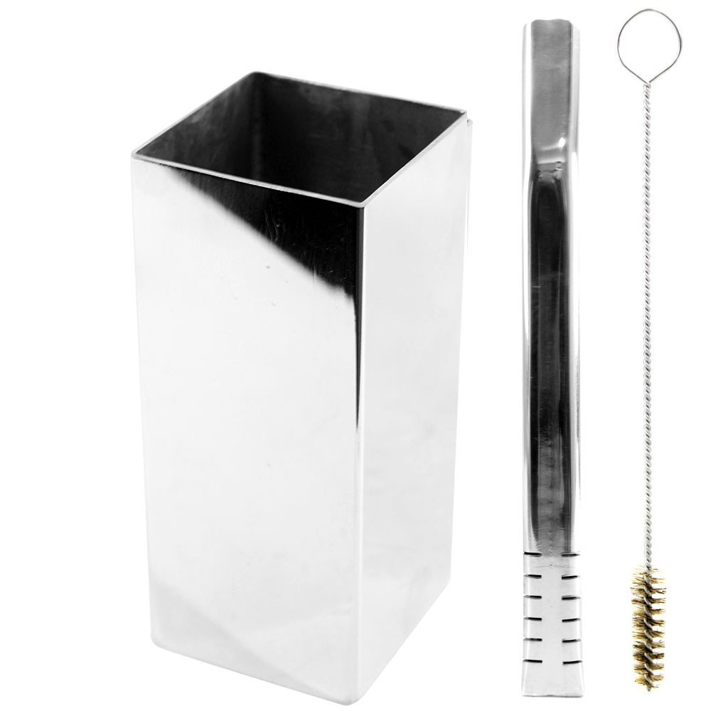 Kit Bomba e Copo de Terere Quadrado 19cm Aço Inox Lisa Prata Filete