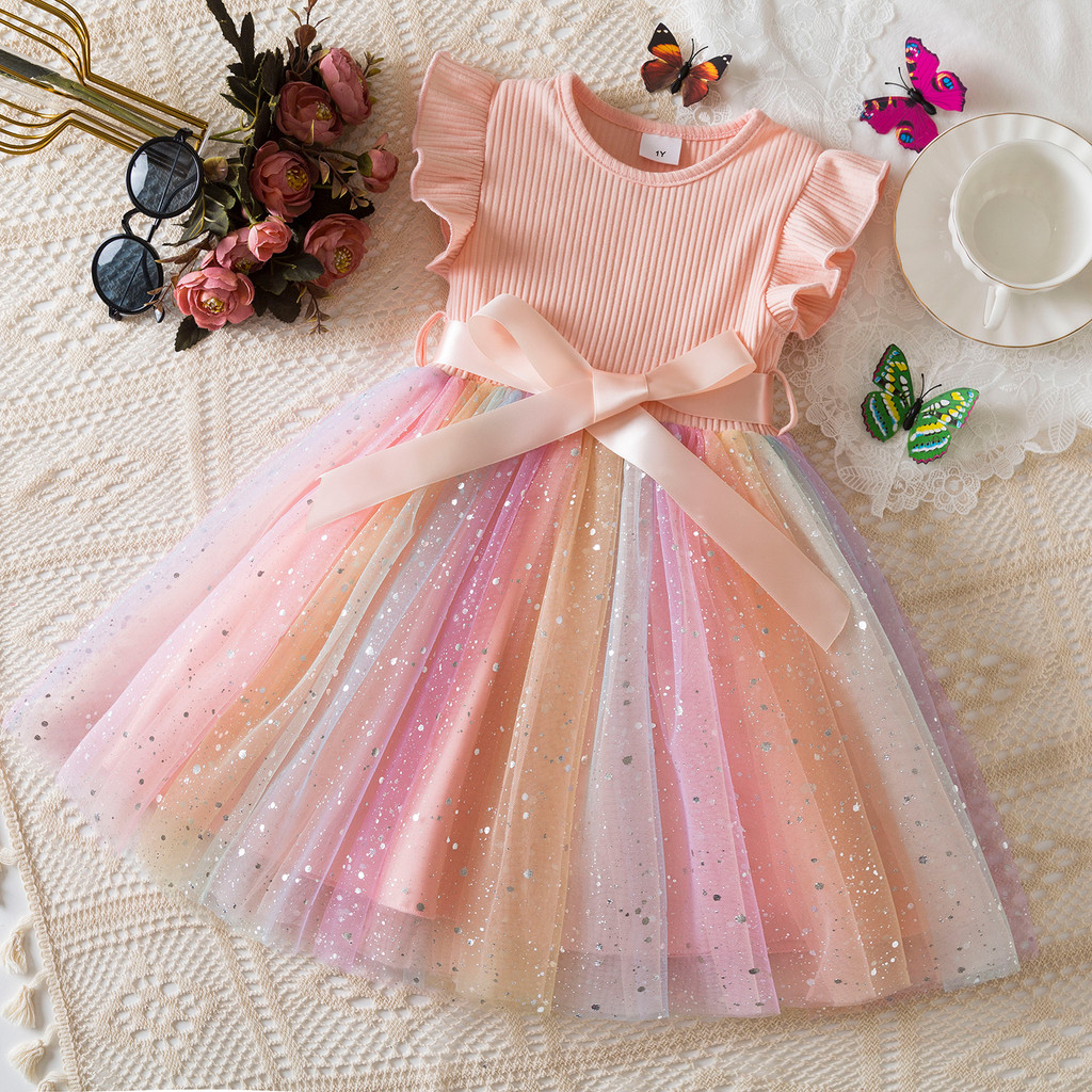 Bebê Meninas Vestido 1-5 Anos Arco-Íris Malha Tutu Moda De Princesa Para Crianças Aniversário Da Criança Roupas De Verão em Oferta na Shopee