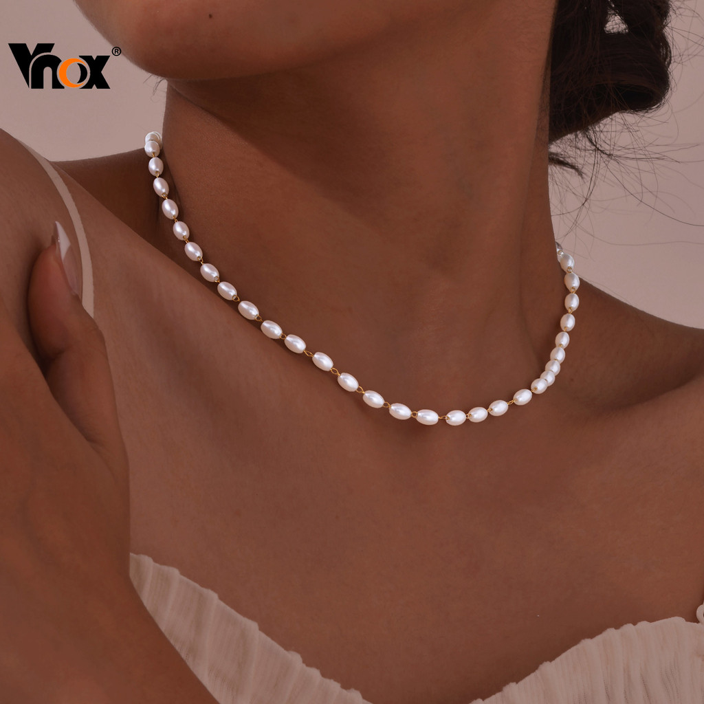 Colar De Corrente De Contas De Pérola Vnox Para Mulheres E Meninas , Conjunto De Joias De Pérolas Elegantes De Ouro