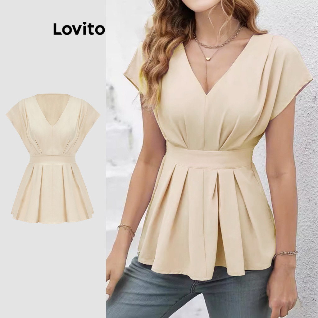 Lovito Blusa plissada elegante e simples para mulheres L108ED1011 - Women Clothes