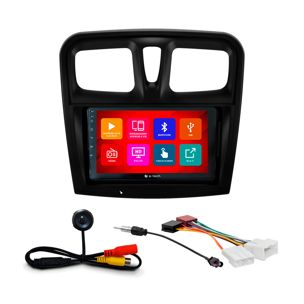 Kit Multimídia 9 Pol Sandero Logan 2015 2016 2017 2018 Android Auto CarPlay Qa+ 2 Din Preto Espelhamento Android Ios