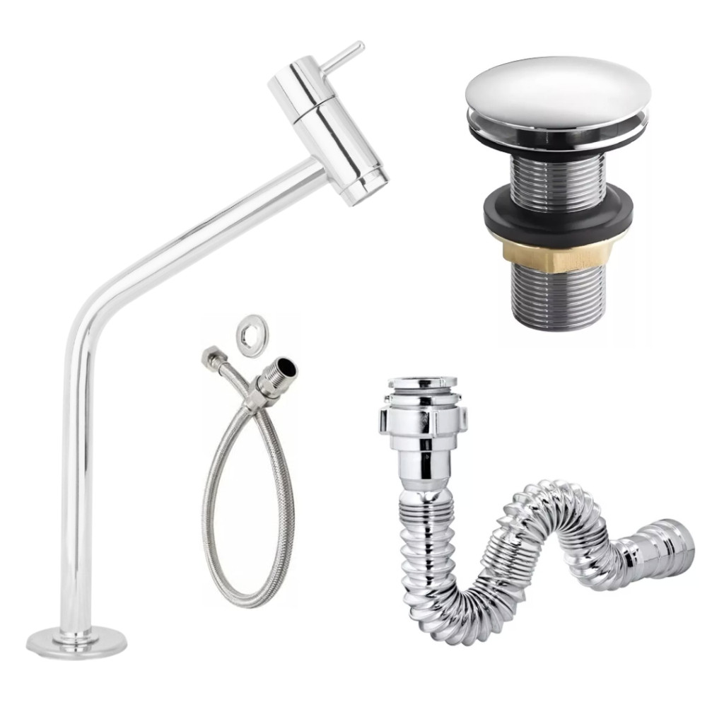 Kit Torneira Lavatorio Banheiro  /Valvula Click Cromada + Sifão Cromado Flexível + Enagete 40 cm em Oferta na Shopee