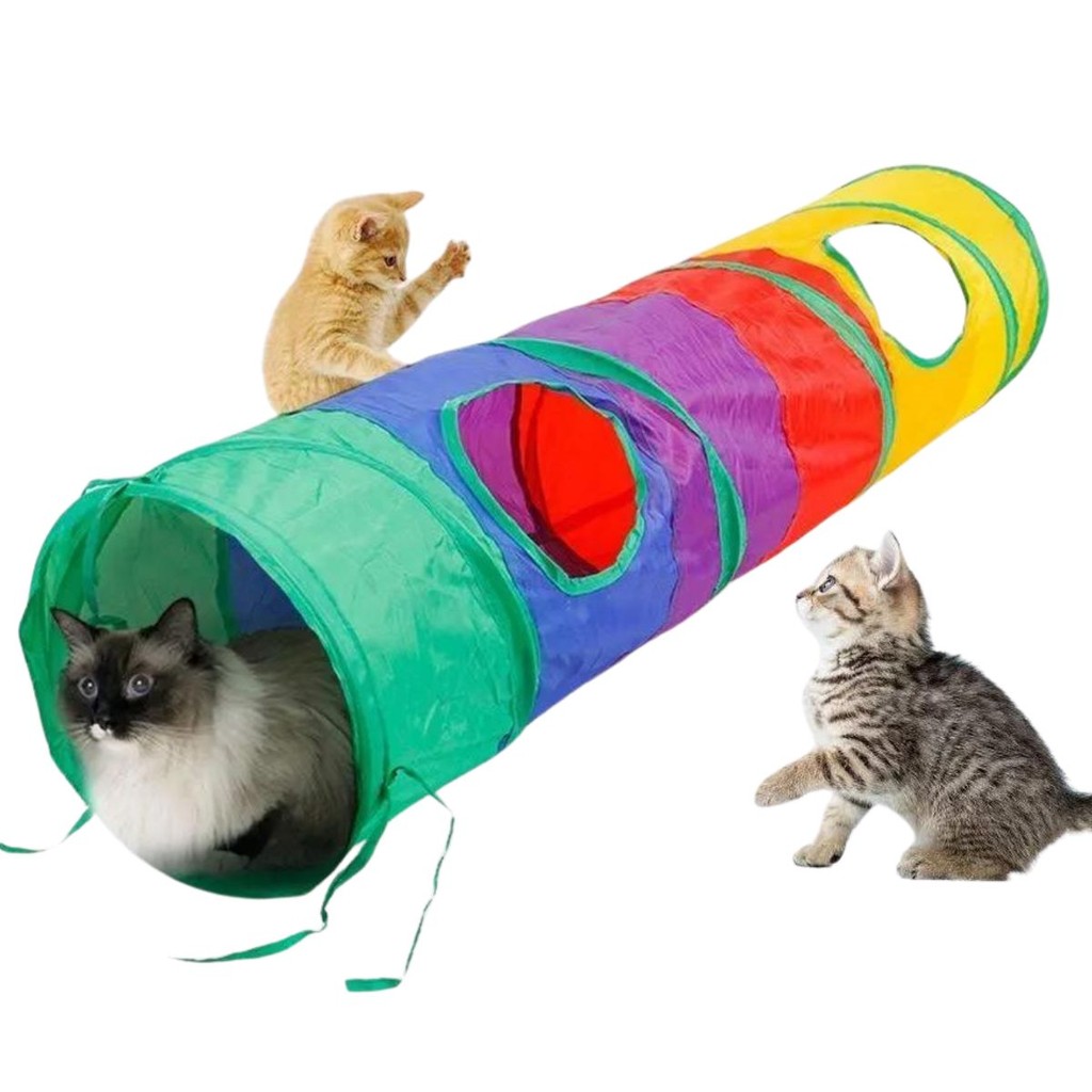 Túnel Brinquedo Interativo para Gatos Gato Pet com Bola Bolinha Tecido Grande Arco Iris Divertido