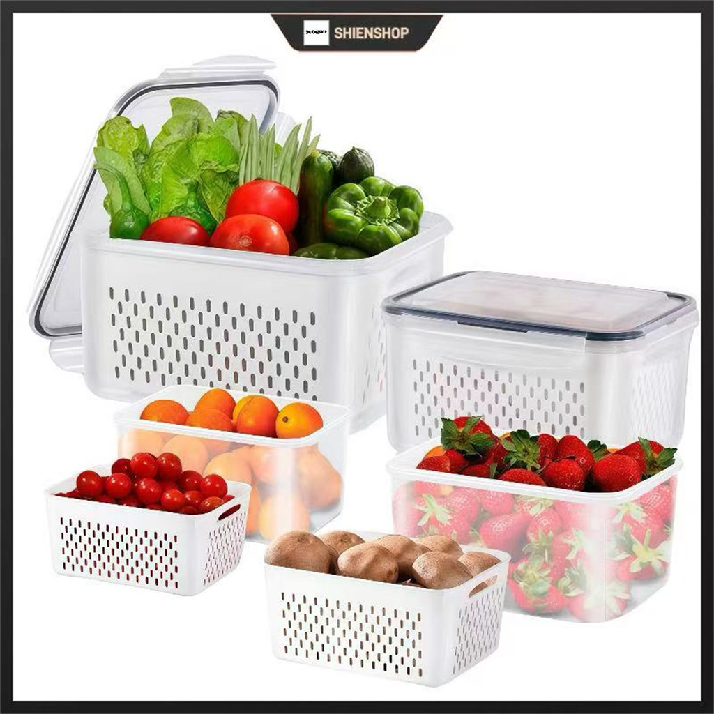 Kit 3Pcs Organizador de Geladeira com Tampa Hermético e Cesto De Drenagem Multiuso Polipropileno