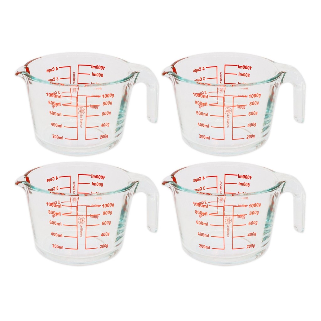 Kit 4 Jarra De Vidro Medidora Graduado 1L Com Alça Bico Temperado Culinária Receita Cozinha