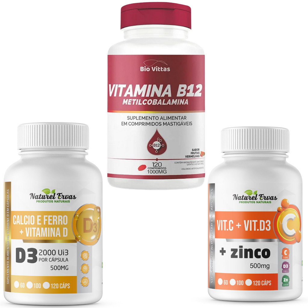 Kit Vitamina B12 + Cálcio D3 + C D3 E Zinco – 120 Cáps - Original - Suplemento Alimentar