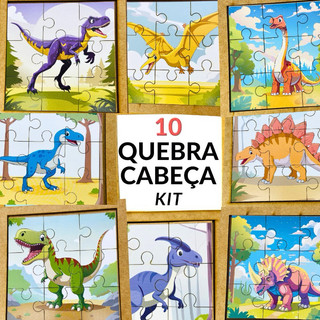 Kit 10 Quebra Cabeça Mdf 9 Peças Jogo Pedagógico Lúdico infantil Dinossauros