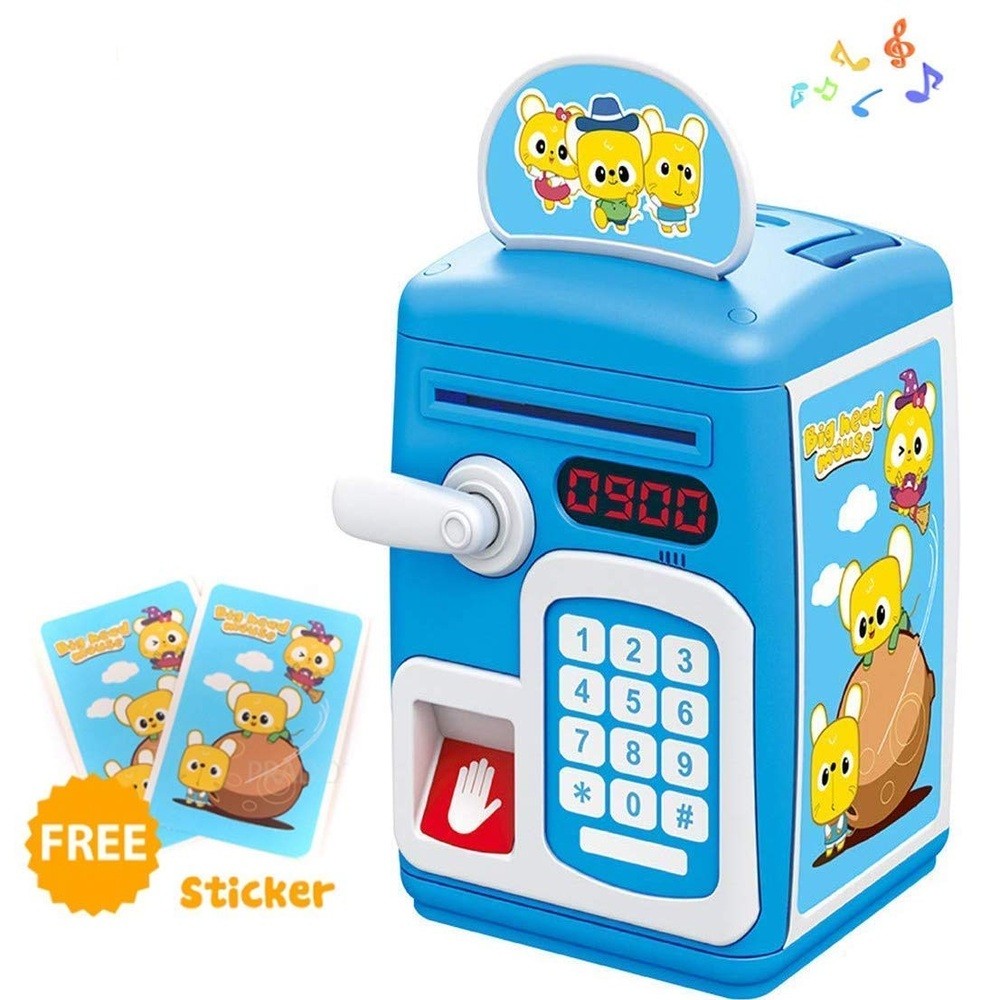 COFRE DIGITAL SENHA ELETRONICO AUTOMATICO COFRINHO AZUL INFANTIL BIOMETRIA TECLADO MOEDAS