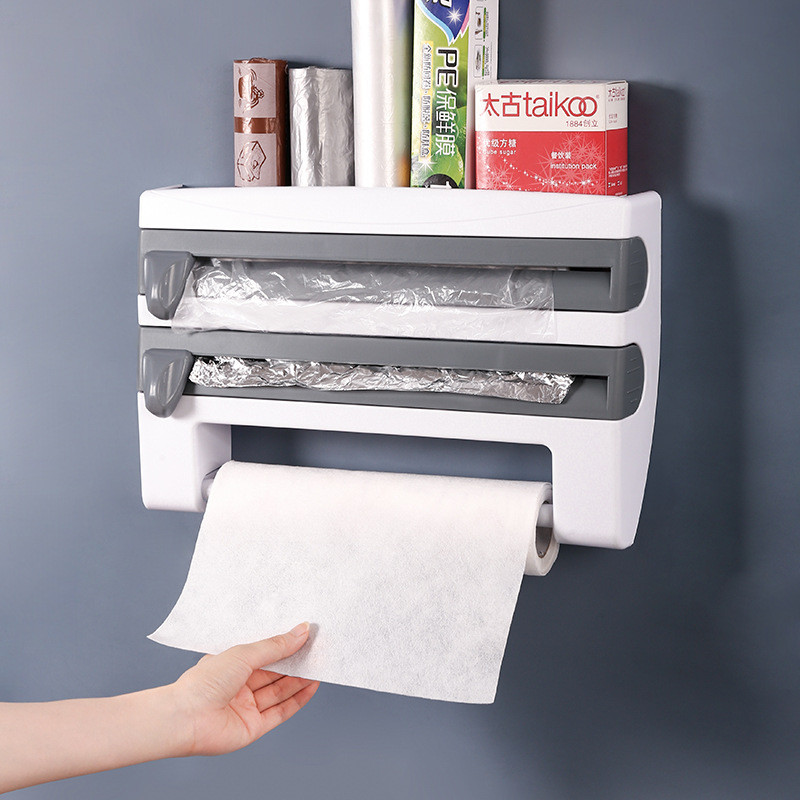 Dispenser 4 em 1 Cortador Papel Filme Aluminio Porta Papel Toalha Tempero Organizador de Cozinha em Oferta na Shopee