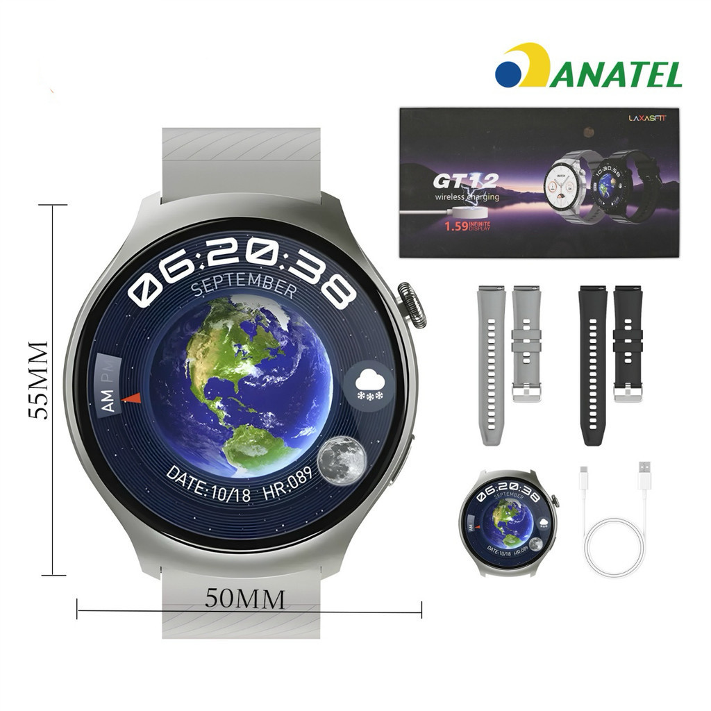 Novo relógio inteligente GT12 tela HD 360*360 com chamada Bluetooth e frequência cardíaca em Oferta na Shopee