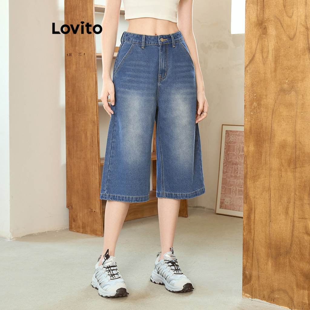 Lovito Shorts Jeans Casuais Com Botão Liso Verão/Primavera Shorts Jeans Para Mulheres L99ED931 - Women Clothes