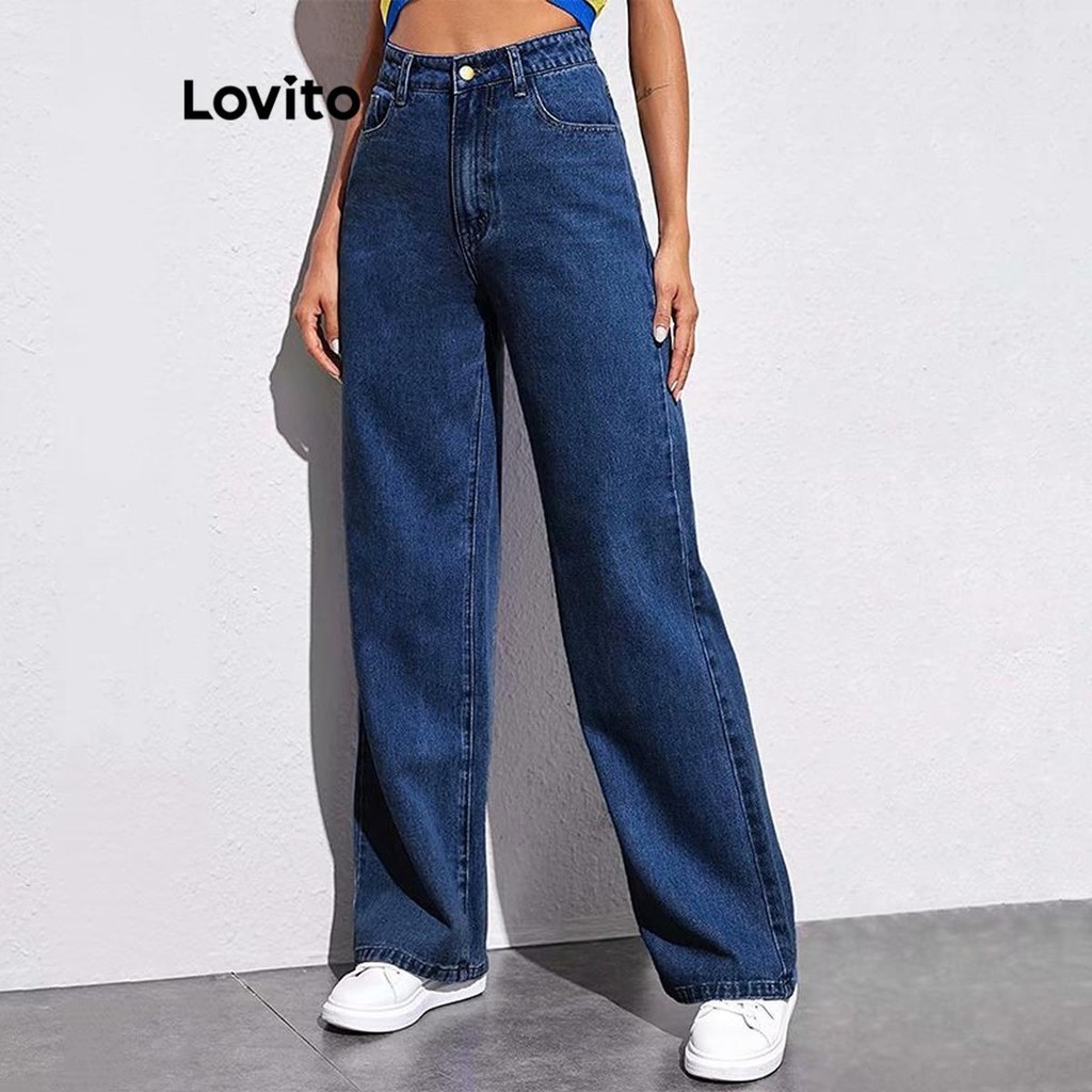 Lovito Jeans casuais simples com pontas para mulheres LNL59046(Multicolorido) - Women Clothes
