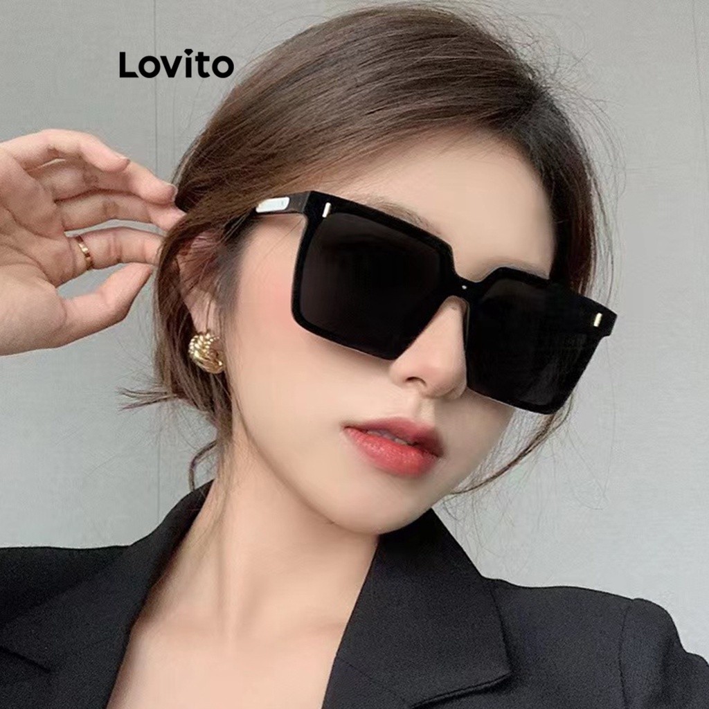 Lovito Óculos De Sol Casuais Óculos De Sol Básicos Lisos Para Mulheres LFA03082 (Preto e Branco)