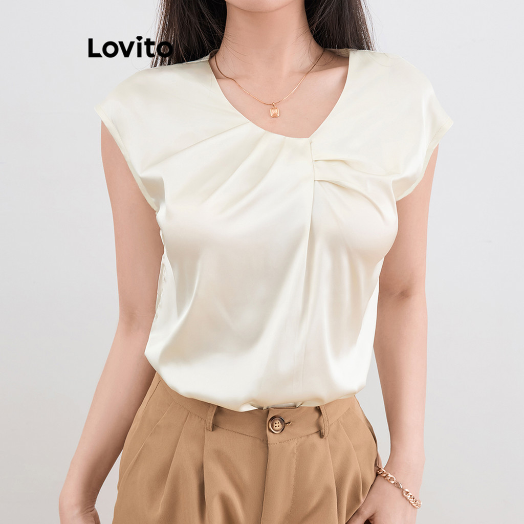 Lovito Blusa plissada elegante e simples para mulheres L109MD489 - Women Clothes