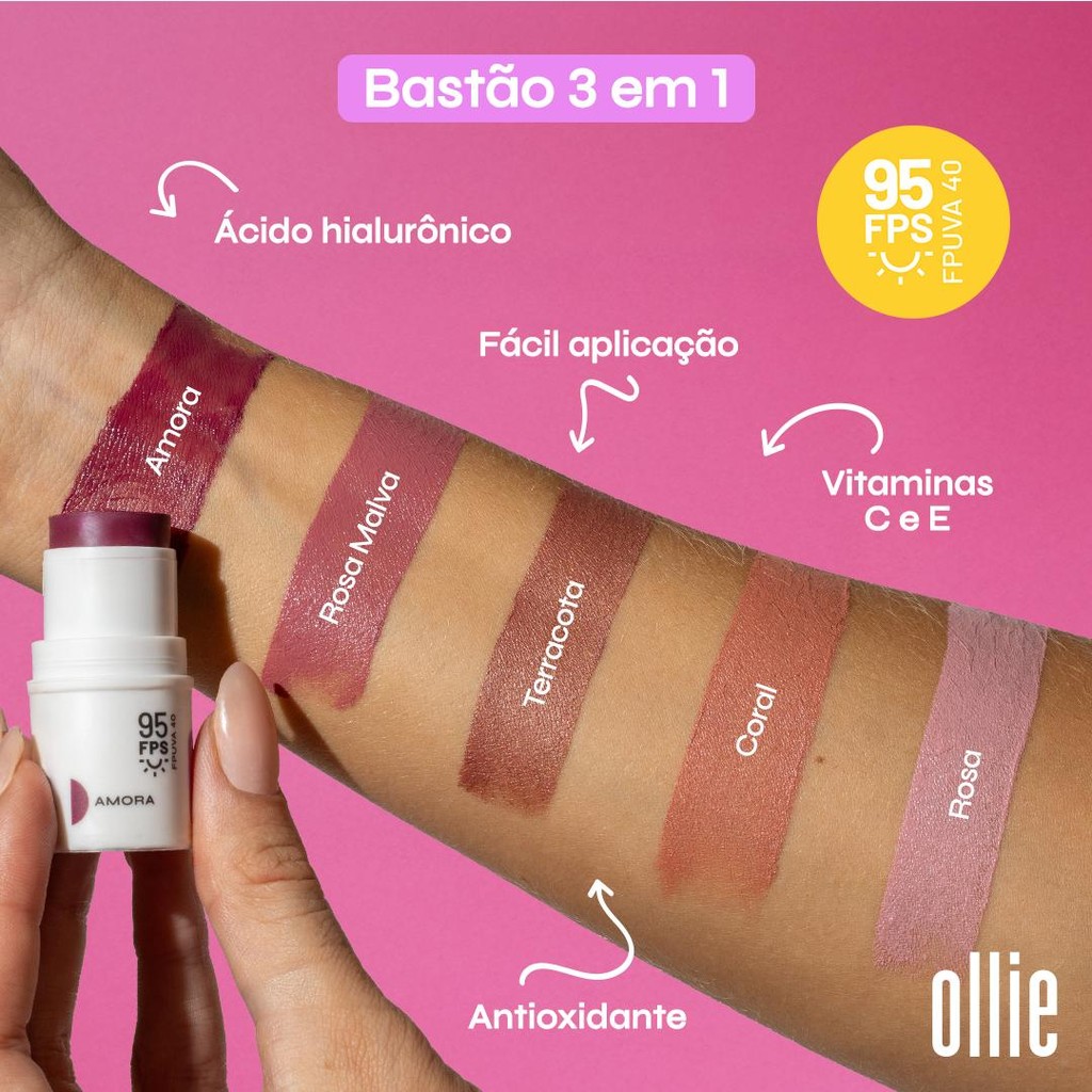 Ollie Bastão 3 em 1 - Blush, Batom e Sombra FPS 95 em Oferta na Shopee