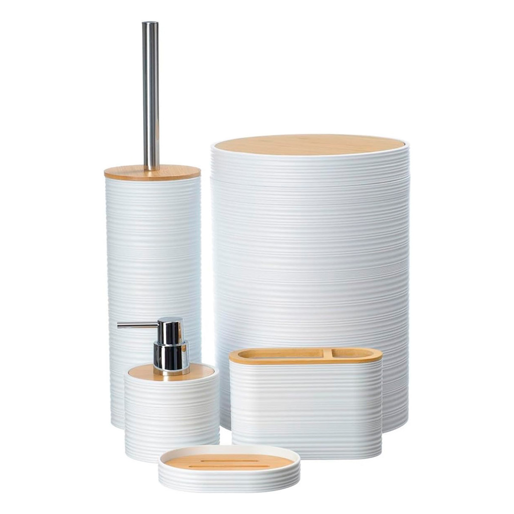 Kit Para Banheiro 5 Peças Linea Branco Plástico e Bambu Lixeira Porta Sabonete Escova Sanitária