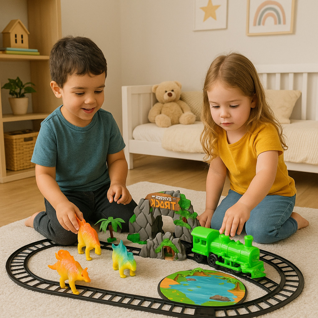 Trenzinho Trem Locomotiva Dinossauro Elétrico a Pilha Pista Vagões e Farol que Acende